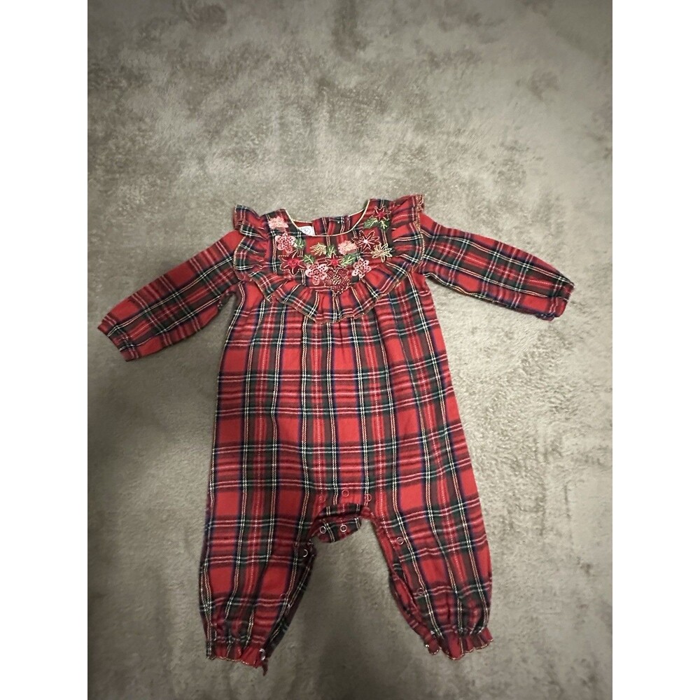 Mudpie Baby Girl Christmas Outfit plaid Ruffled Jumper with flowers 6-9M
